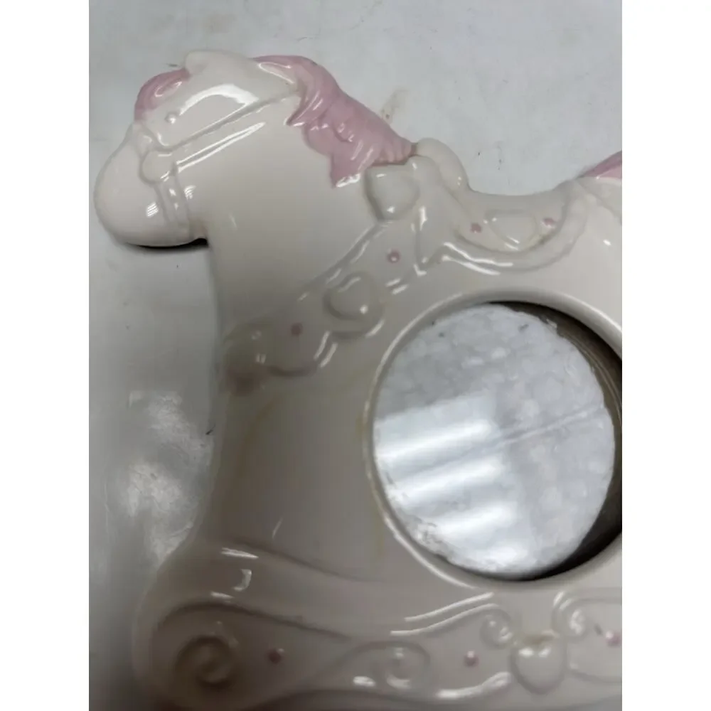 Vintage 1991‎ Pink Rocking Horse Picture Frame Ceramic Nursery Baby Room Decor